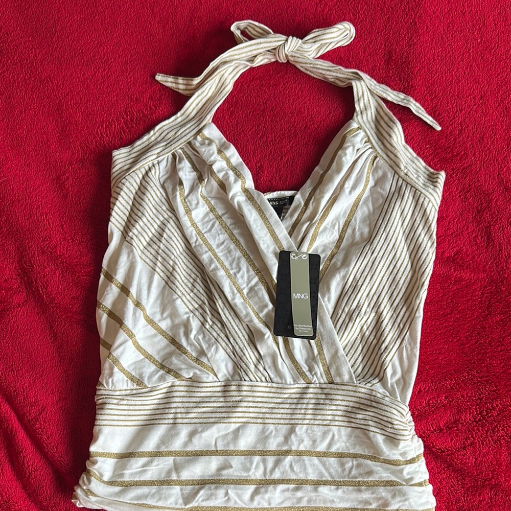Mango White and Gold Striped Halter Top